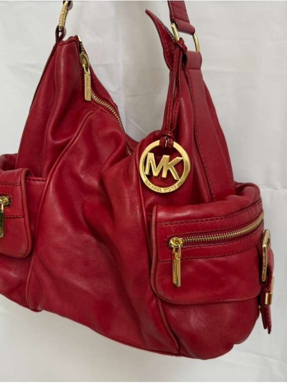 Michael Kors Red Leather Shoulder Bag with Gold MK Charm